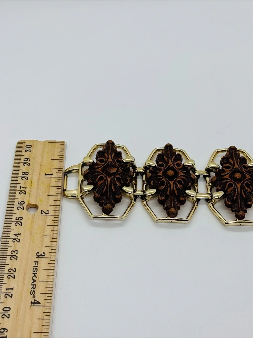 Vintage 1950s–1960s Selini Faux Wood & Gold-Tone Panel Link Bracelet SIGNED
